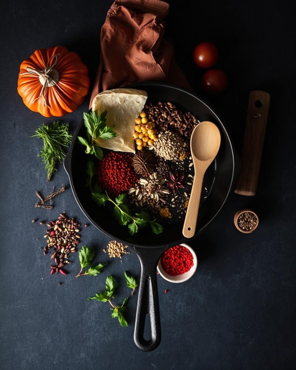 Herbs and spices arranged on a dark surface, shown for atmosphere